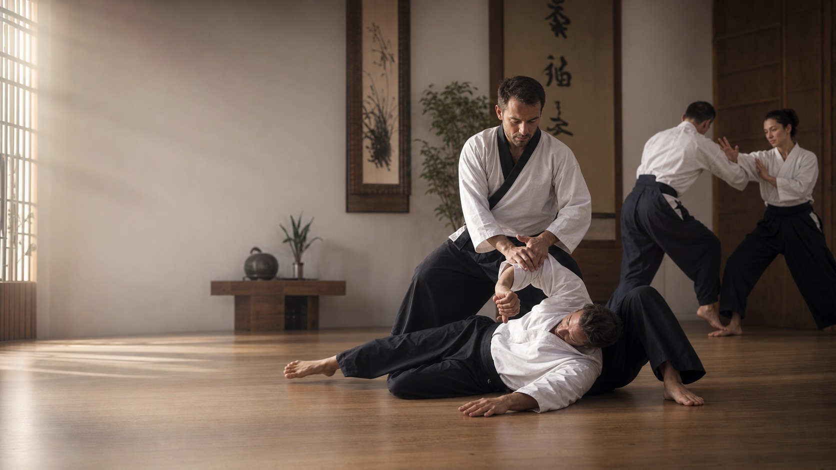 Hapkido students practicing in a traditional dojang